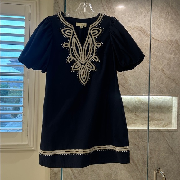 Avara pinch Roxanne, navy mini dress puff sleeve size Small EUC - Picture 2 of 7